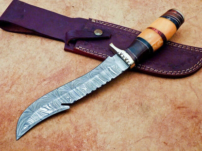 13 Inch Handmade Damascus Steel Hunting Bowie Knife with Camel Bone and Wood Handle