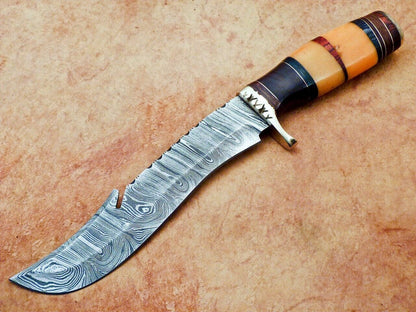 13 Inch Handmade Damascus Steel Hunting Bowie Knife with Camel Bone and Wood Handle