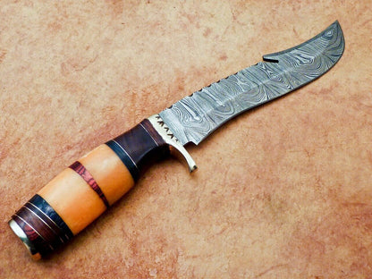 13 Inch Handmade Damascus Steel Hunting Bowie Knife with Camel Bone and Wood Handle