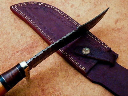 13 Inch Handmade Damascus Steel Hunting Bowie Knife with Camel Bone and Wood Handle