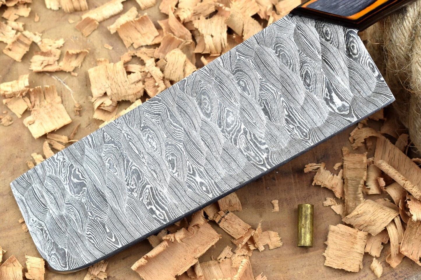 Custom Handmade Damascus Steel Chef Knife – 11" Kitchen Knife with 5" Blade & Black/Orange Dollar Thappa Sturl Open Tang Handle