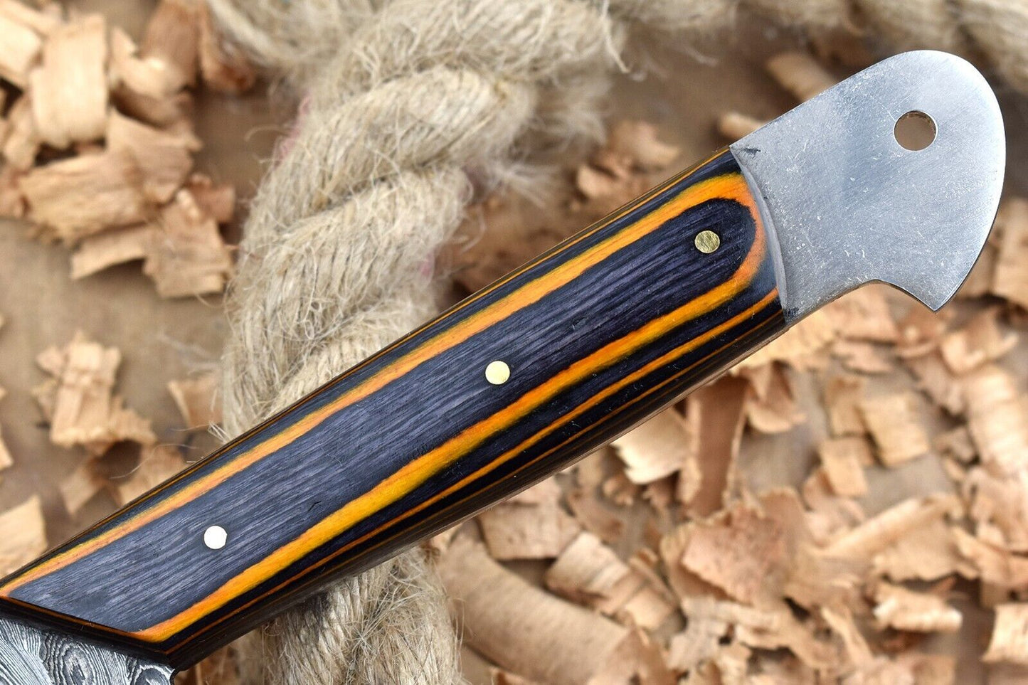 Custom Handmade Damascus Steel Chef Knife – 11" Kitchen Knife with 5" Blade & Black/Orange Dollar Thappa Sturl Open Tang Handle