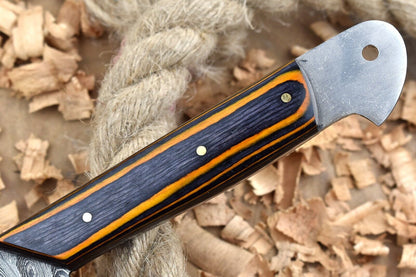 Custom Handmade Damascus Steel Chef Knife – 11" Kitchen Knife with 5" Blade & Black/Orange Dollar Thappa Sturl Open Tang Handle