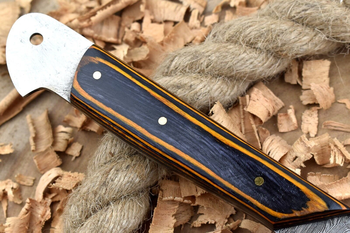 Custom Handmade Damascus Steel Chef Knife – 11" Kitchen Knife with 5" Blade & Black/Orange Dollar Thappa Sturl Open Tang Handle