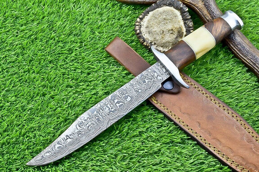 Heritage Forge 13 Inch Damascus Bowie Knife with Camel Bone and Wood Handle