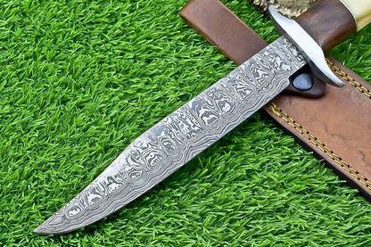 Heritage Forge 13 Inch Damascus Bowie Knife with Camel Bone and Wood Handle