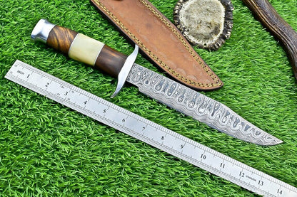Heritage Forge 13 Inch Damascus Bowie Knife with Camel Bone and Wood Handle