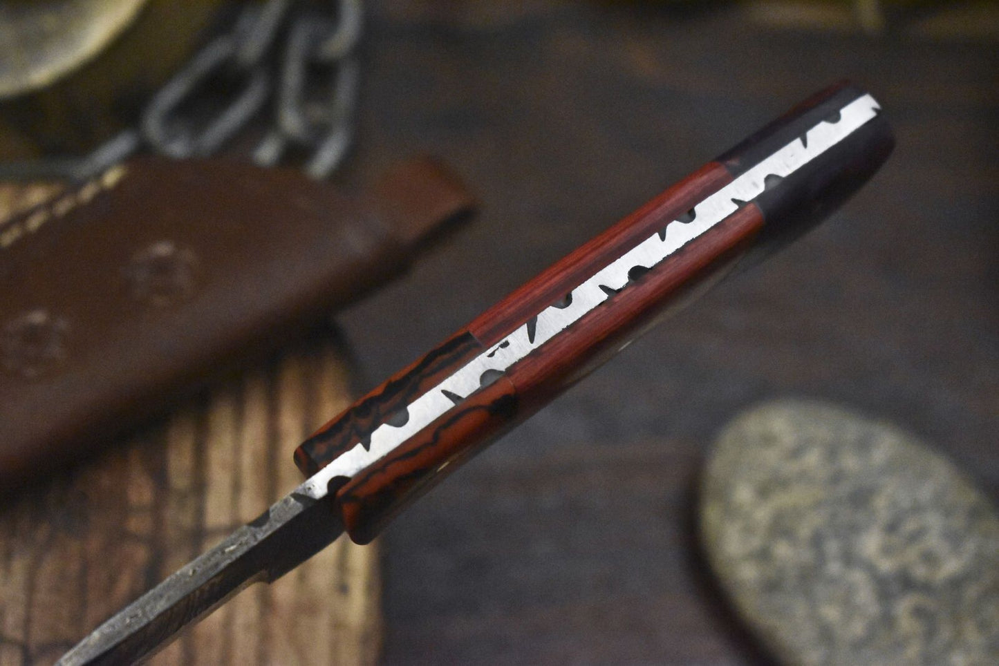 Custom Twist Damascus Skinner Knife with Hardwood Handle and Micarta Bolster – Everyday Carry EDC Knife