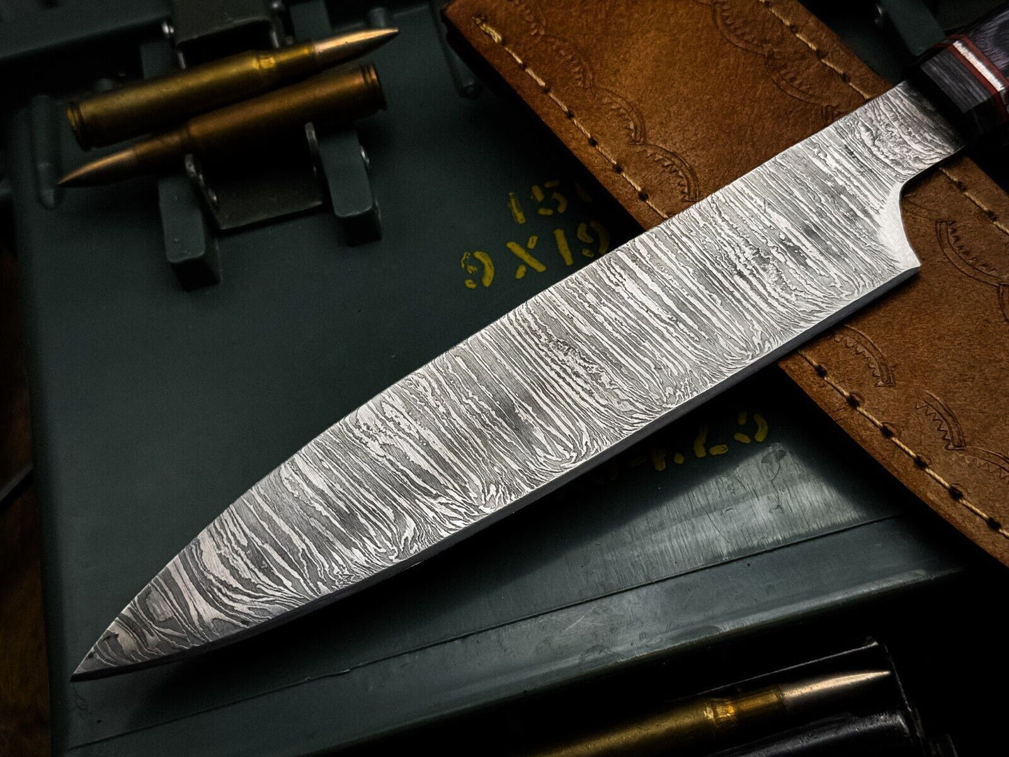 Handmade Damascus Steel Chef Knife with Wood Handle & Cow Leather Sheath