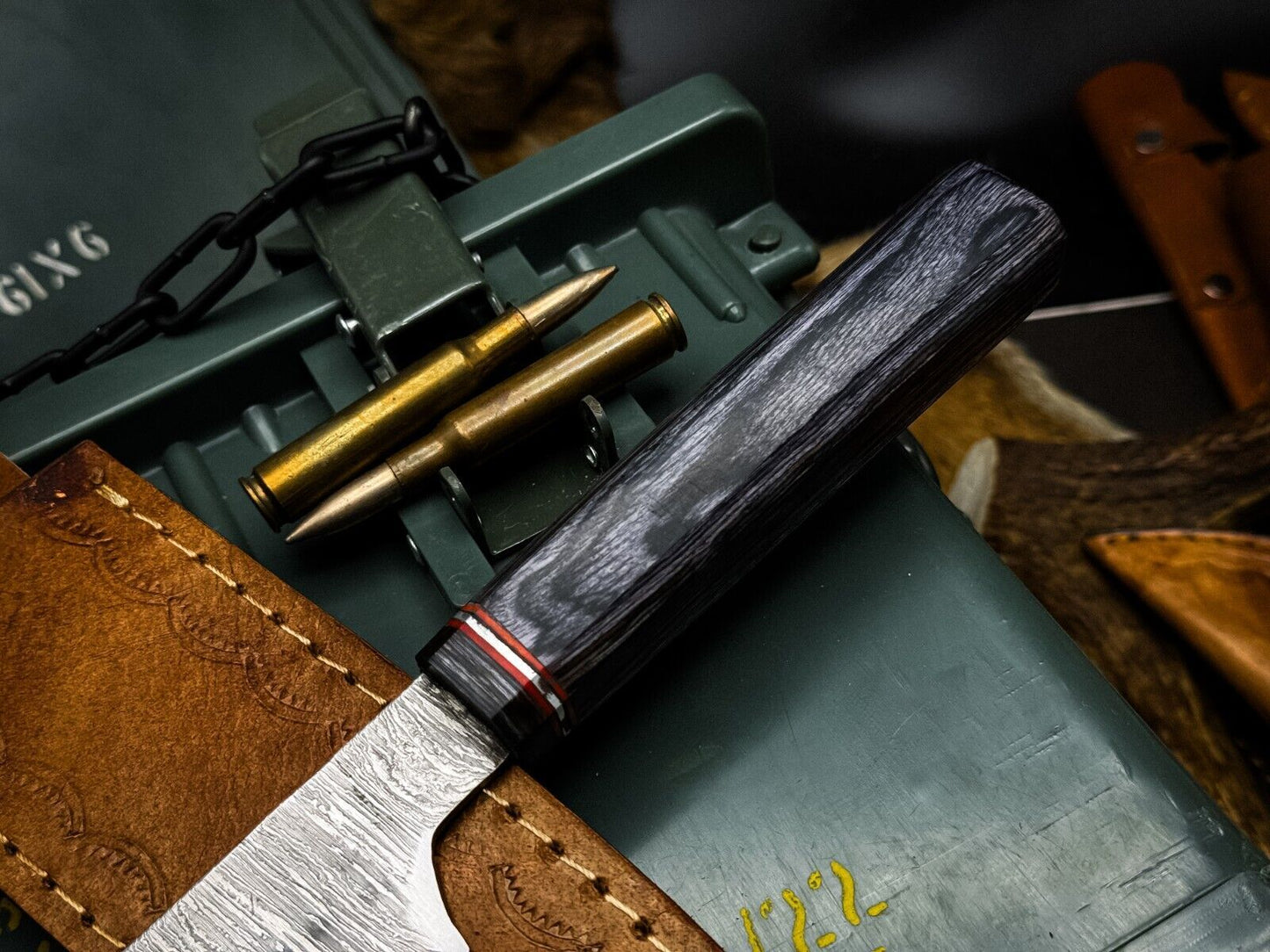 Handmade Damascus Steel Chef Knife with Wood Handle & Cow Leather Sheath