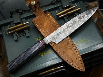 Handmade Damascus Steel Chef Knife with Wood Handle & Cow Leather Sheath