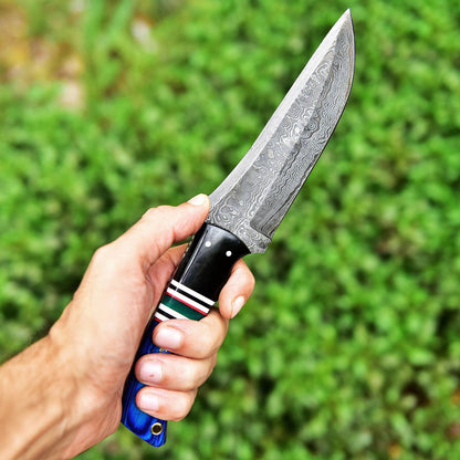 Handmade Damascus Steel Bowie Knife – Pakkawood & Resin Handle (8")