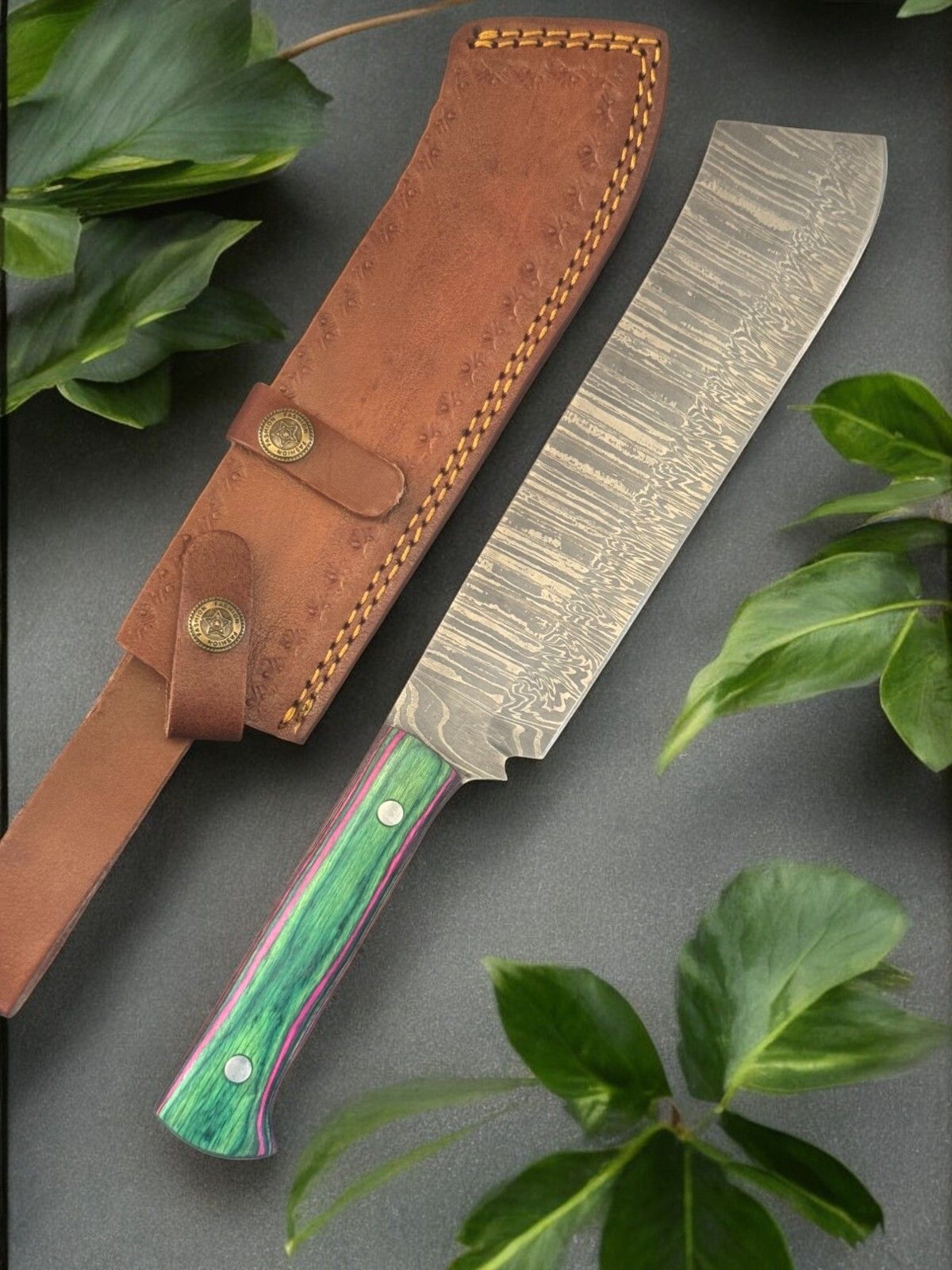 12 Inch Handmade Damascus Bowie Knife with Pakka Wood Handle for Hunting and Camping