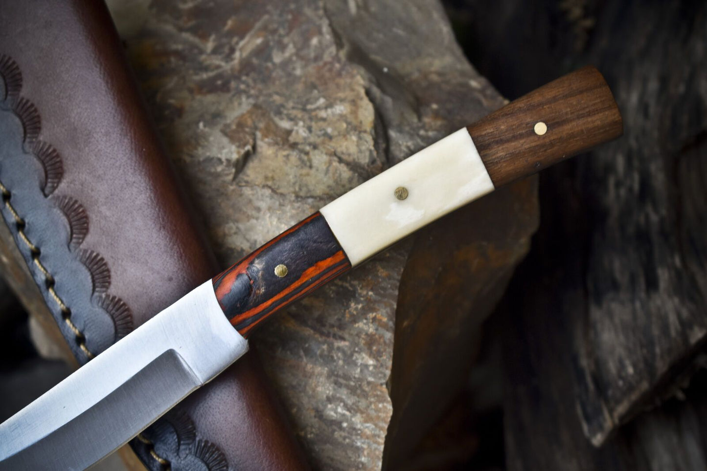 8" Hand Forged Skinner Knife | 440C Steel Blade | Mixed Material Handle with Wooden Bolster