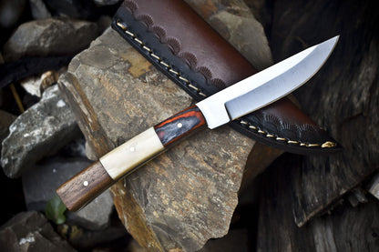 8" Hand Forged Skinner Knife | 440C Steel Blade | Mixed Material Handle with Wooden Bolster
