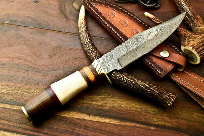 Handmade Damascus Steel Bowie Knife | 12" Camel Bone Hunting Knife with Leather Sheath