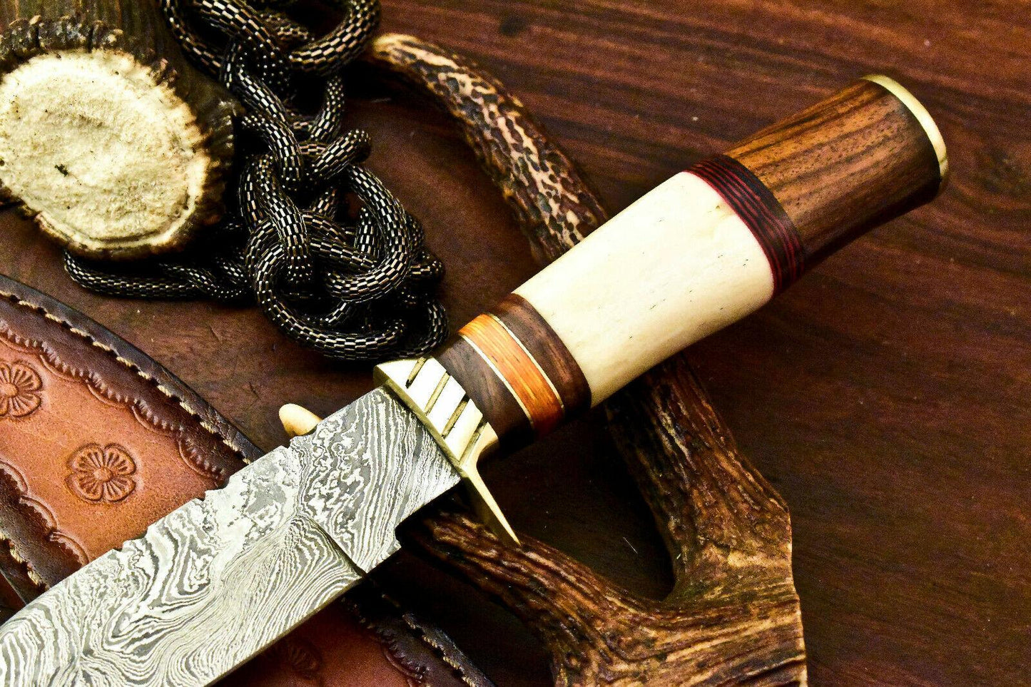 Handmade Damascus Steel Bowie Knife | 12" Camel Bone Hunting Knife with Leather Sheath