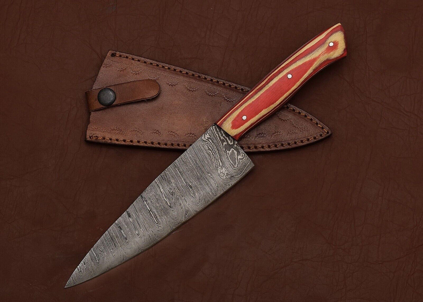Premium Custom Damascus Steel Kitchen Chef Fillet Knife with Pakka Wood Handle & Leather Sheath