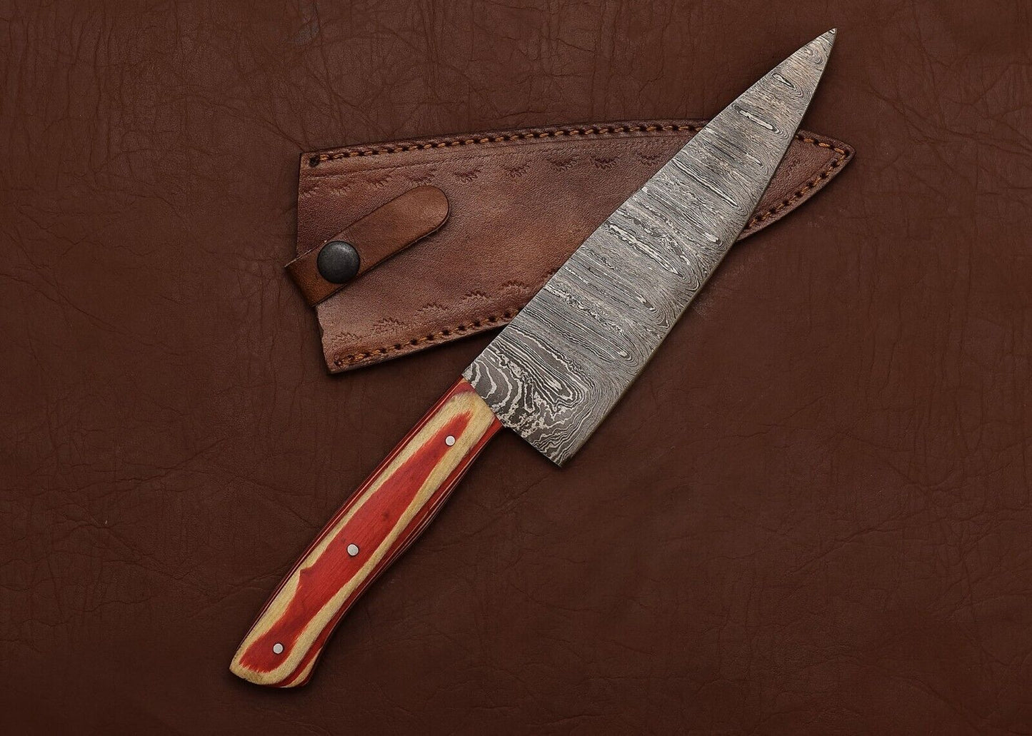 Premium Custom Damascus Steel Kitchen Chef Fillet Knife with Pakka Wood Handle & Leather Sheath
