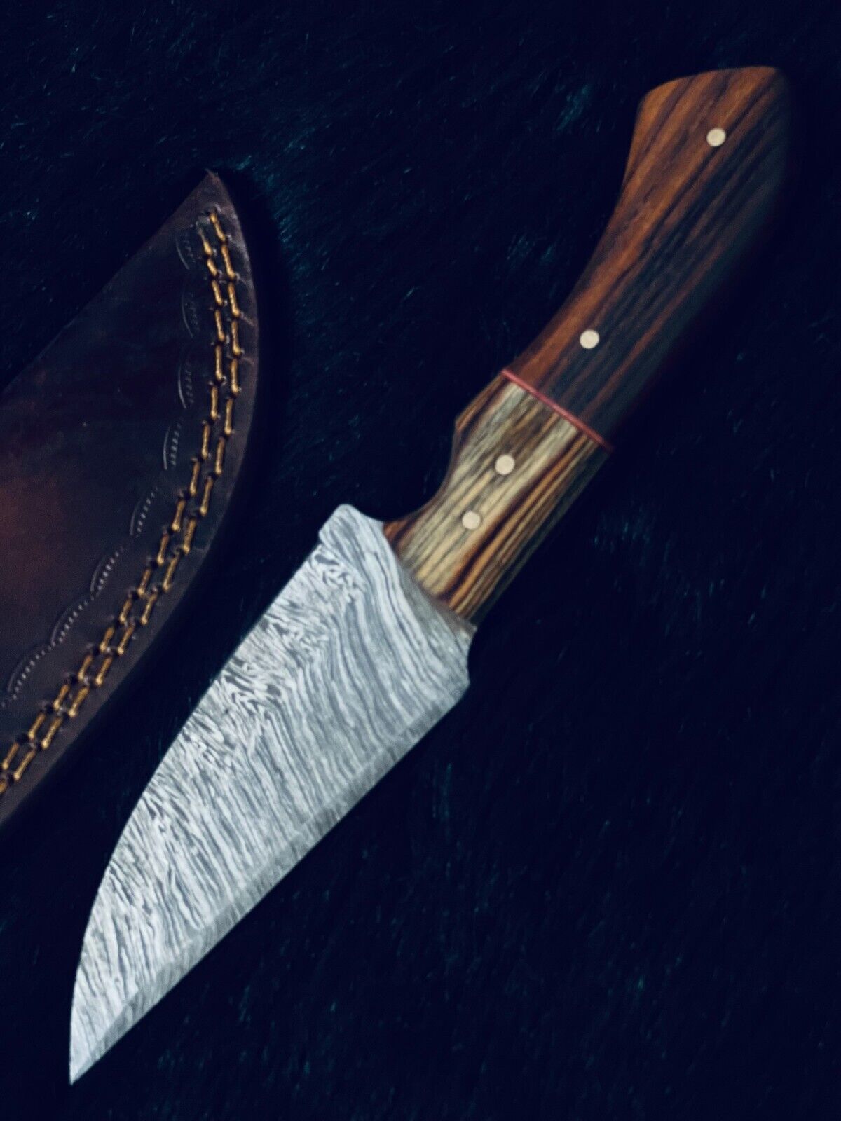 8" Heritage Forge Twist Damascus Bowie Knife – Bone & Wood Handle with Leather Sheath
