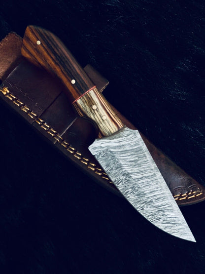 8" Heritage Forge Twist Damascus Bowie Knife – Bone & Wood Handle with Leather Sheath