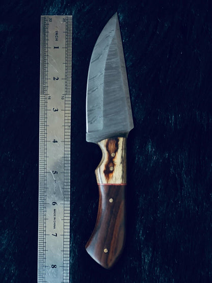 8" Heritage Forge Twist Damascus Bowie Knife – Bone & Wood Handle with Leather Sheath