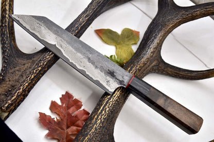 Custom Handmade Hammered San Mai Damascus Steel Chef Knife – Walnut Handle, 13.8" Ladder Pattern Blade