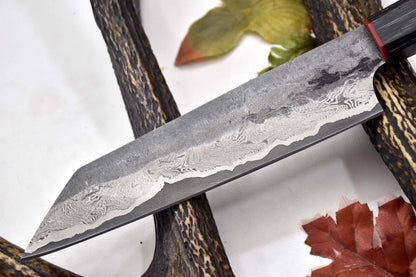 Custom Handmade Hammered San Mai Damascus Steel Chef Knife – Walnut Handle, 13.8" Ladder Pattern Blade