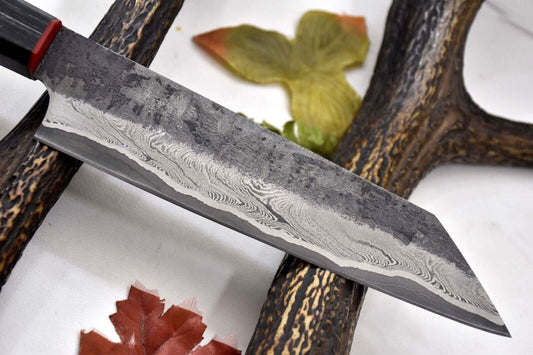 Custom Handmade Hammered San Mai Damascus Steel Chef Knife – Walnut Handle, 13.8" Ladder Pattern Blade