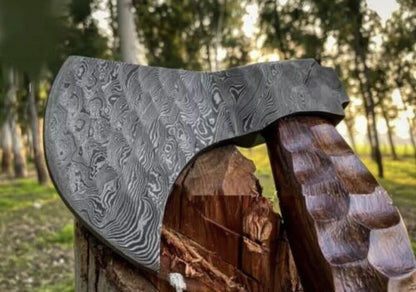 Custom Hand Forged Damascus Steel Viking Bearded Camping Hatchet Tomahawk Axe | 20-Inch with Natural Wood Handle & Leather Sheath