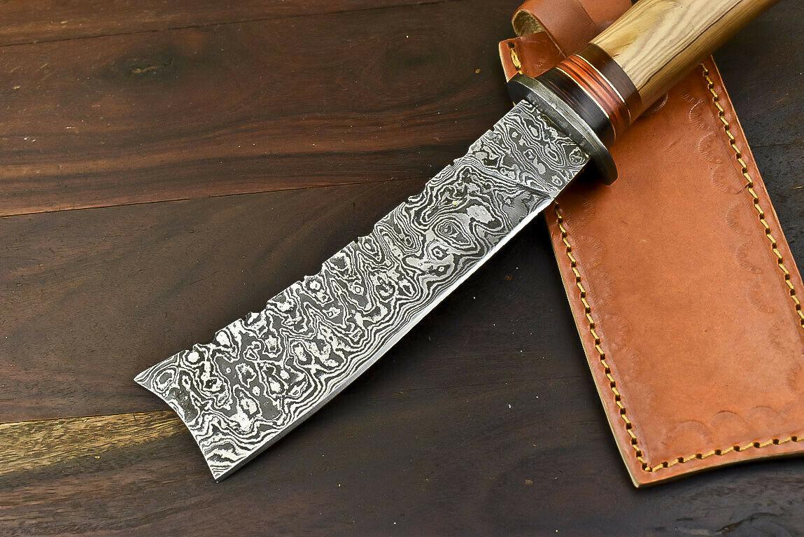 12.5" Foldable Damascus Bowie Knife with Olive Wood Handle Tactical Series