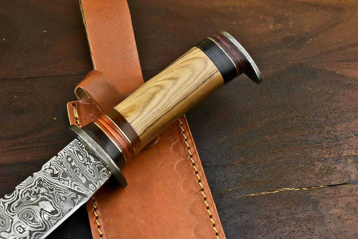 12.5" Foldable Damascus Bowie Knife with Olive Wood Handle Tactical Series