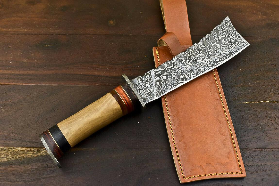 12.5" Foldable Damascus Bowie Knife with Olive Wood Handle Tactical Series