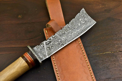 12.5" Foldable Damascus Bowie Knife with Olive Wood Handle Tactical Series