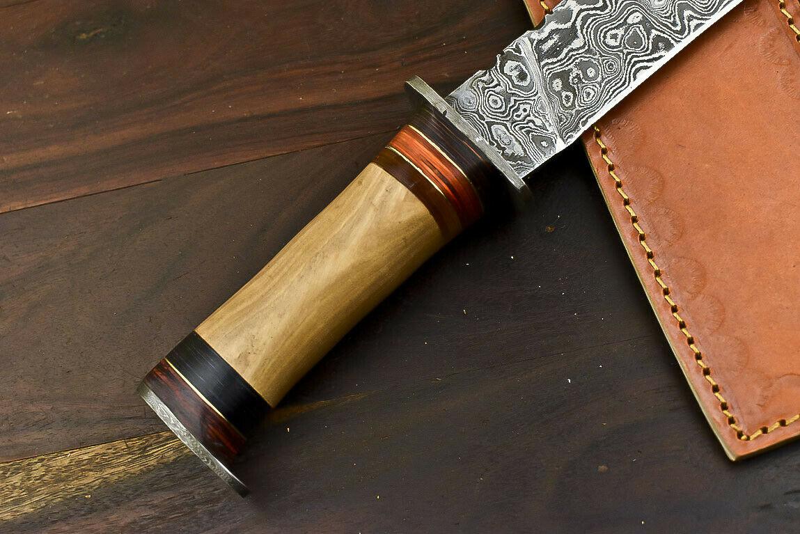 12.5" Foldable Damascus Bowie Knife with Olive Wood Handle Tactical Series