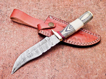 10 Inch Damascus Steel Bowie Hunting Knife with Camel Bone and Hardwood Handle