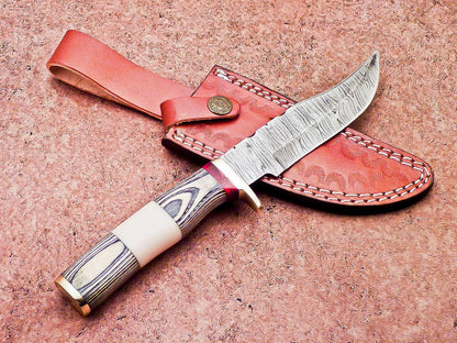 10 Inch Damascus Steel Bowie Hunting Knife with Camel Bone and Hardwood Handle