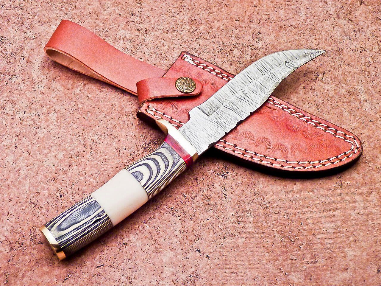 10 Inch Damascus Steel Bowie Hunting Knife with Camel Bone and Hardwood Handle