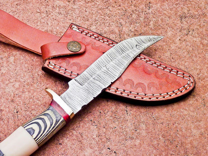 10 Inch Damascus Steel Bowie Hunting Knife with Camel Bone and Hardwood Handle