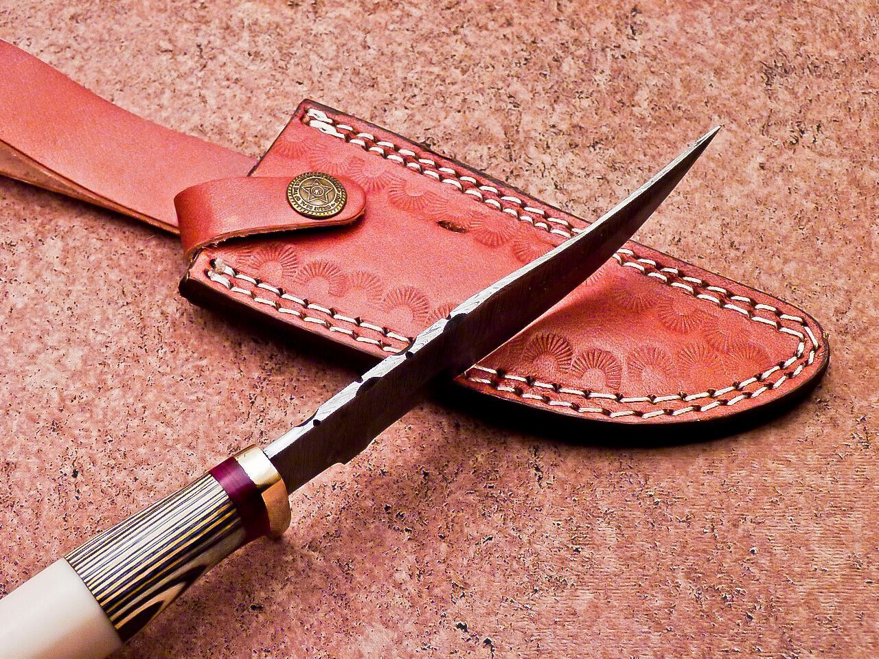 10 Inch Damascus Steel Bowie Hunting Knife with Camel Bone and Hardwood Handle