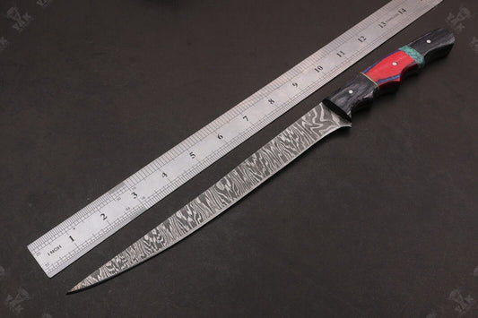 14" Custom Handmade Fire Damascus Steel Fillet Knife Damascus Fillet Knife W/Sheath