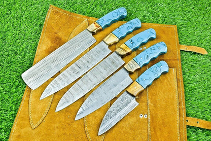 5 PCS Custom Handmade Damascus Steel Chef Knife Set Wood Handle w/ Sheath