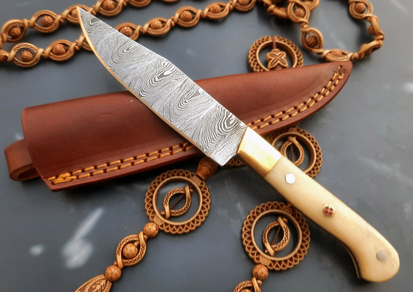 Custom Handmade Damascus Steel Bushcraft Skinner Knife with Camel Bone Handle and Leather Sheath