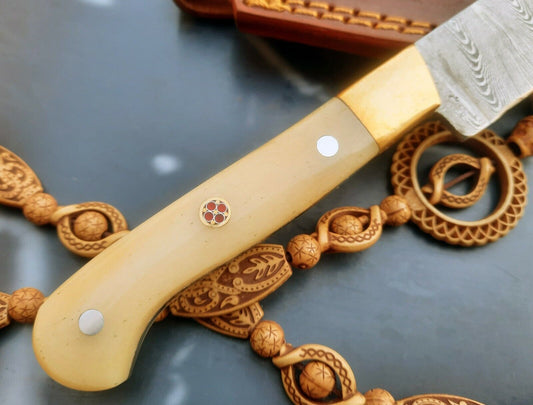 Custom Handmade Damascus Steel Bushcraft Skinner Knife with Camel Bone Handle and Leather Sheath