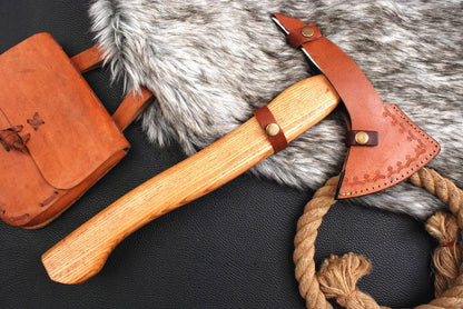 High Polish Handmade Carbon Steel Tactical Hatchet Tomahawk Axe with Wood Handle and Leather Sheath