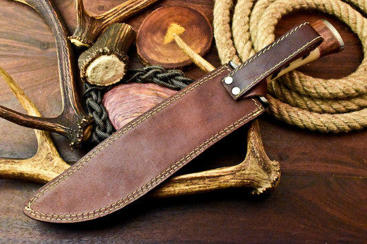 Custom Hand Made Damascus Blade Hunting Bowie Knife | Laser Etched | Camel Bone Handle | 15" Overall