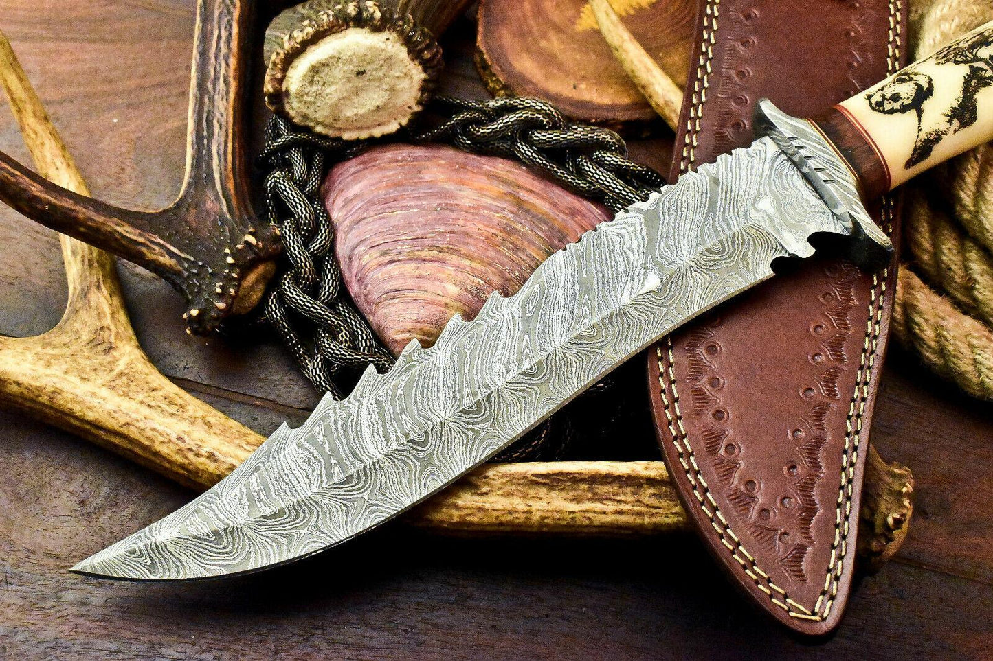 Custom Hand Made Damascus Blade Hunting Bowie Knife | Laser Etched | Camel Bone Handle | 15" Overall