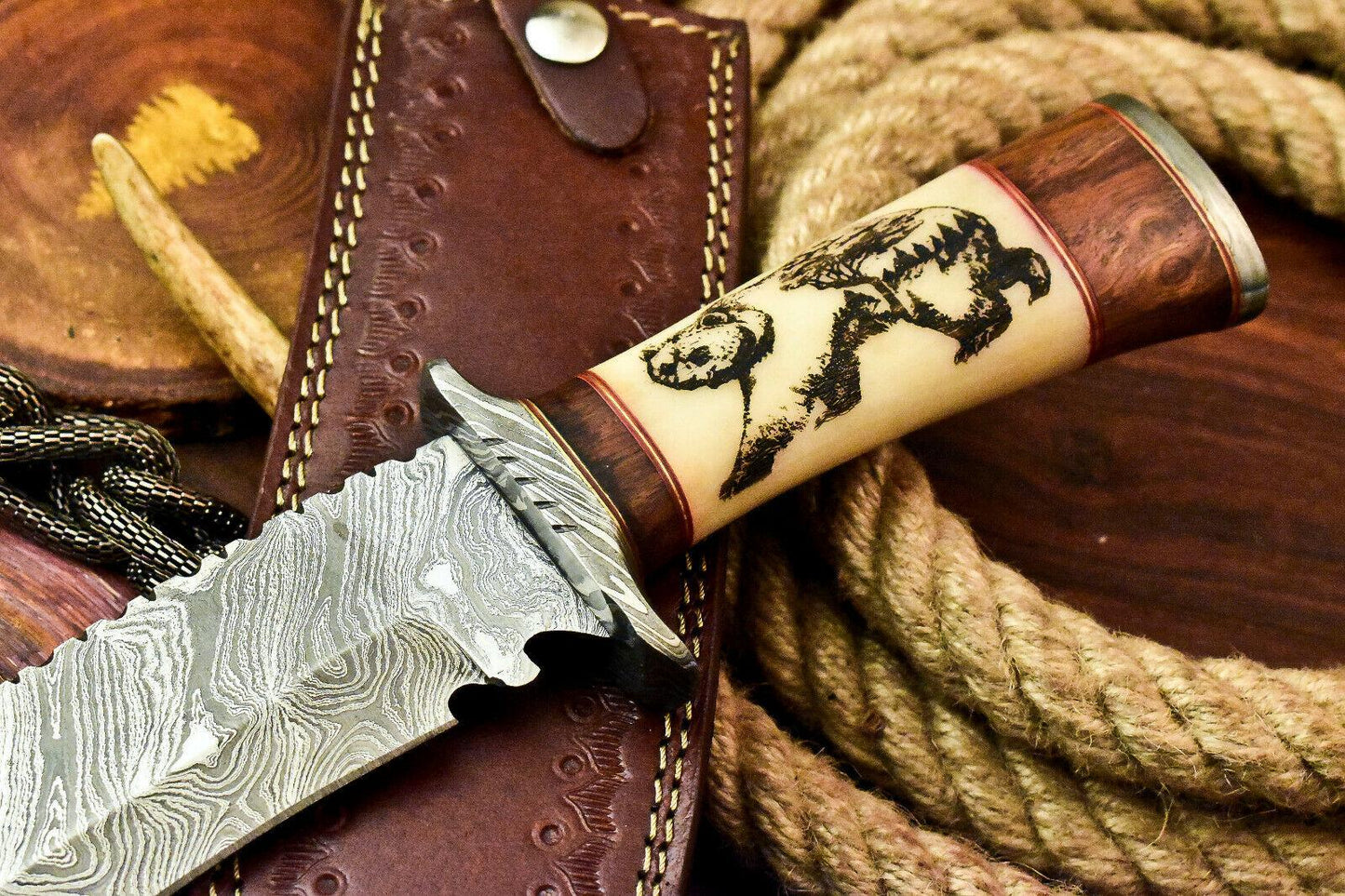 Custom Hand Made Damascus Blade Hunting Bowie Knife | Laser Etched | Camel Bone Handle | 15" Overall
