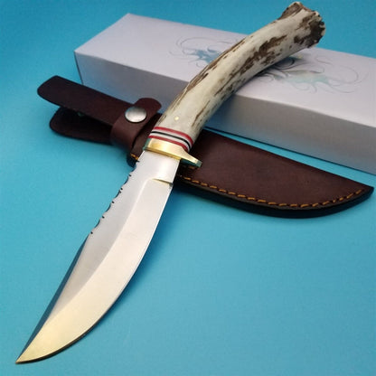 10.25″ Skinner Knife – Stainless Steel Blade, Stag Antler Handle & Leather Sheath