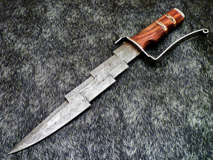17" Handmade Damascus Kris Blade Bowie Knife – Natural Wood Handle & Leather Sheath